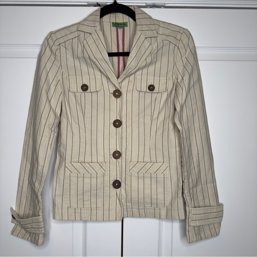 Tibi Women’s‎ Striped Cotton Blazer Jacket Beige Brown Button Front Size 2